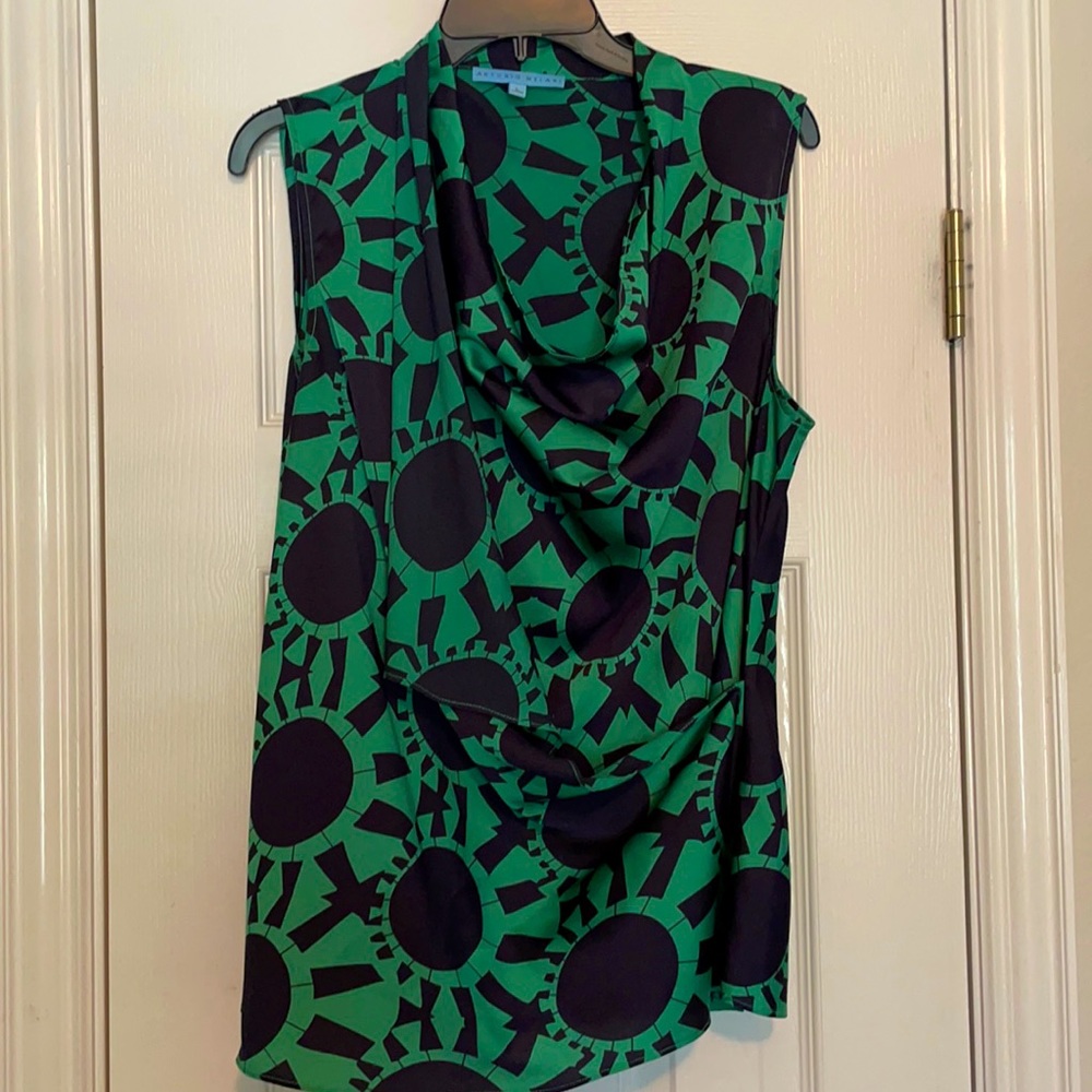 ANTONIO MELANI Green and Black Sleeveless Cowl Neck Blouse